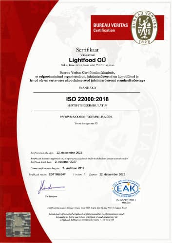 Sertifikaat ISO 22000:2018